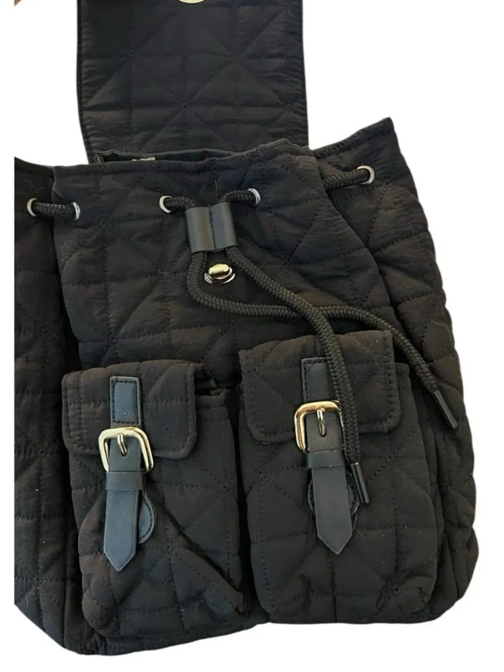 Black Quilted Mini Backpack Faux Leather Adjustable Straps Drawstring New